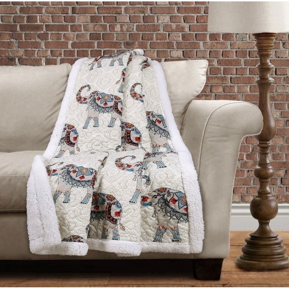Lush Decor Hati Elephant Throw Blanket 50x60 Multicolor White Quilted Sherpa NWT
